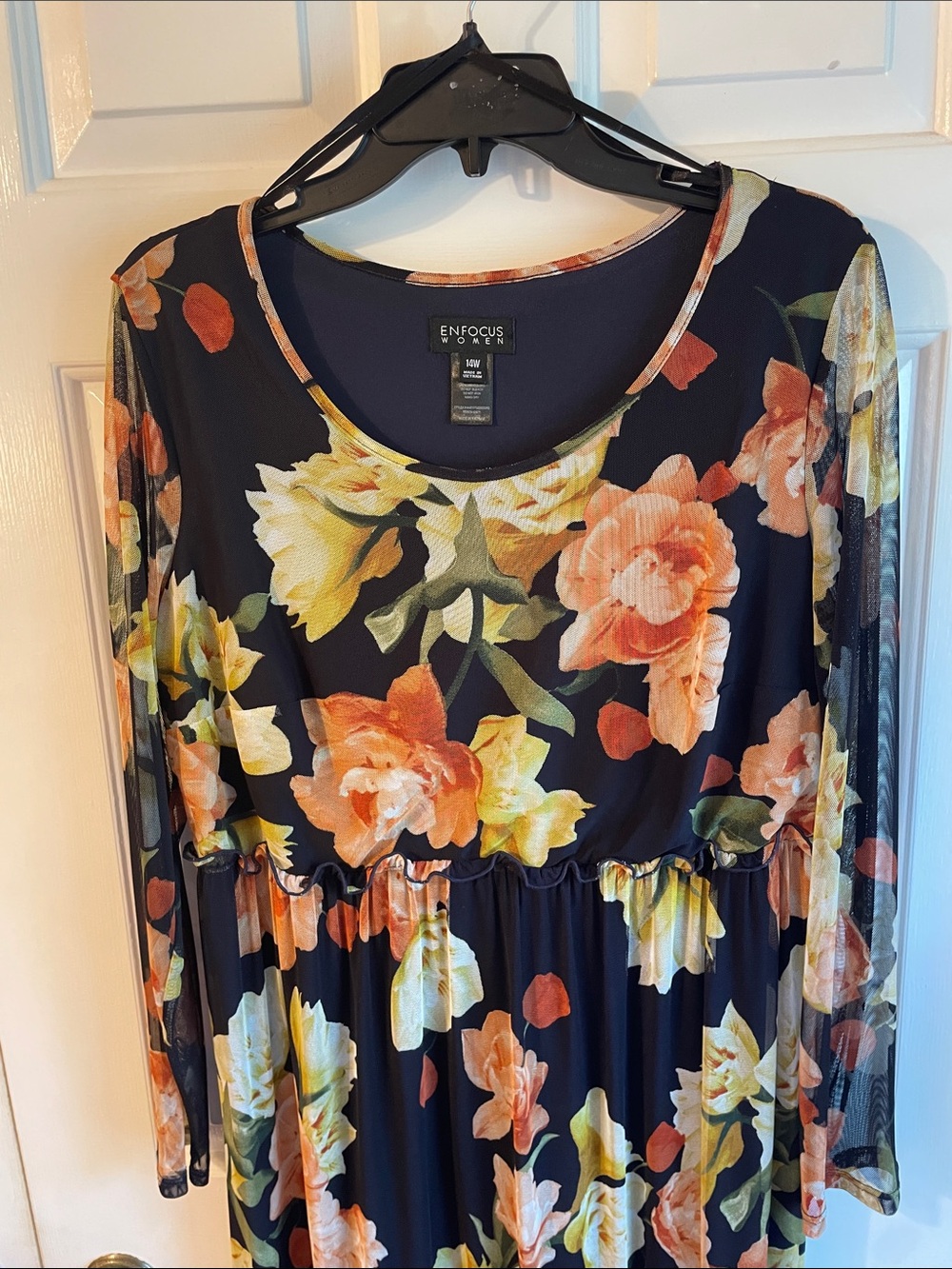 Women’s Enfocus Women Navy Floral Tiered Maxi Dress with Peach and Yellow Blooms - Picture 2 of 4